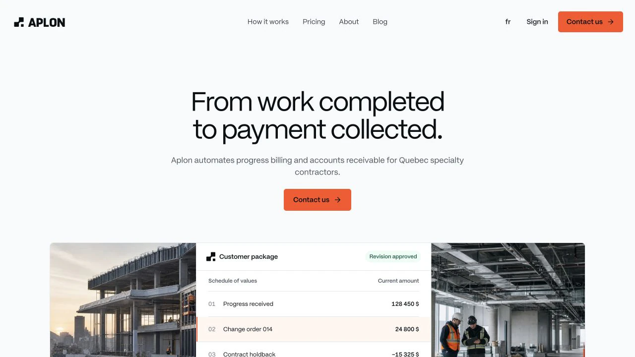 Aplon’s English landing page showing its construction billing introduction and customer package preview