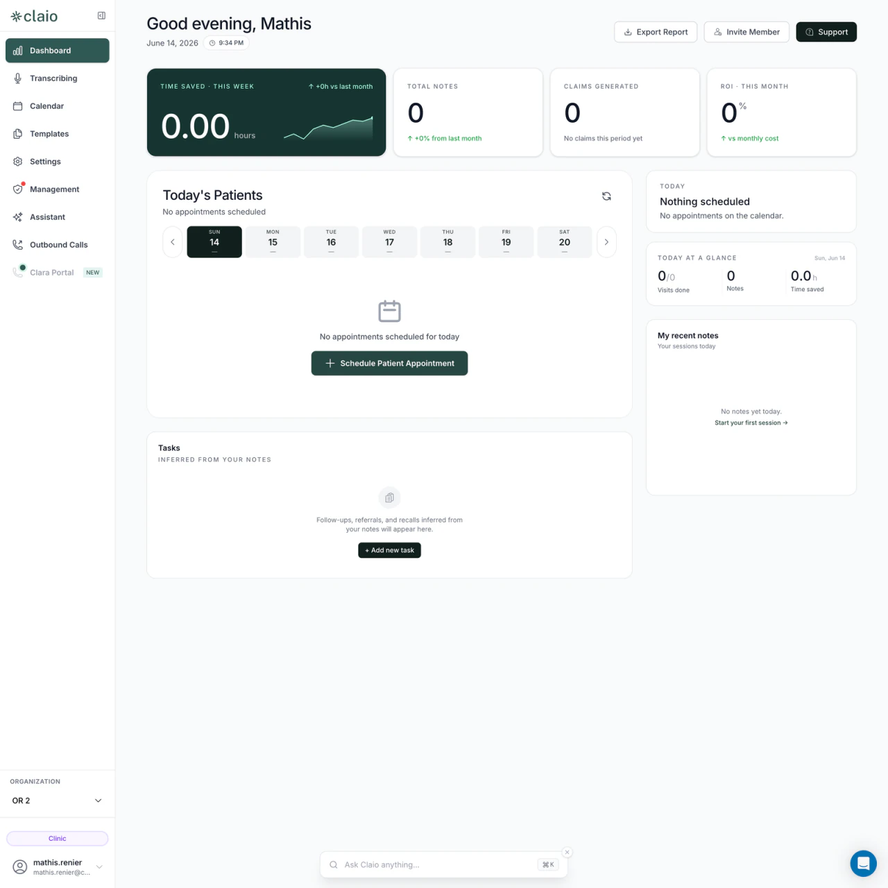 Claio product interface with its clinical dashboard, appointment calendar, and note workflows